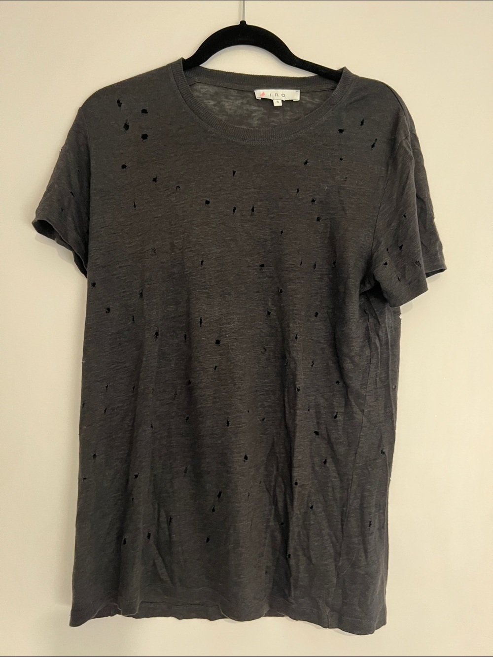 IRO Linen Distressed Short Sleeve Tee in Charcoal Gray